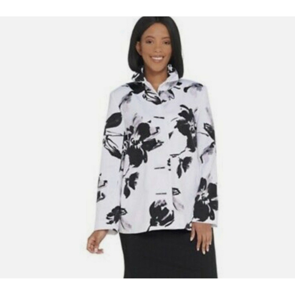Dennis Basso Floral Jacket 1X Ruched Collar White Black Loose Flare Fit Church
